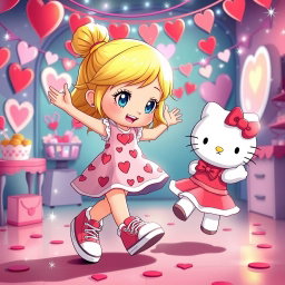 A lively and enchanting scene depicting a Sanrio-inspired blonde girl with her hair styled in a bun and sparkling blue eyes