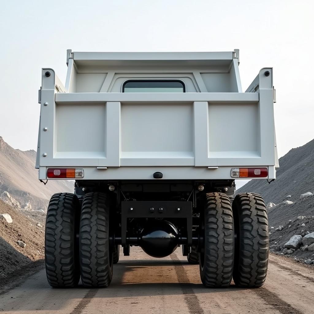 A rear view of a 15 cubic meter capacity electric dump truck, featuring six sturdy wheels designed for heavy-duty performance