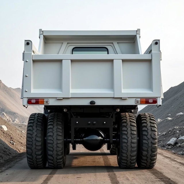 A rear view of a 15 cubic meter capacity electric dump truck, featuring six sturdy wheels designed for heavy-duty performance