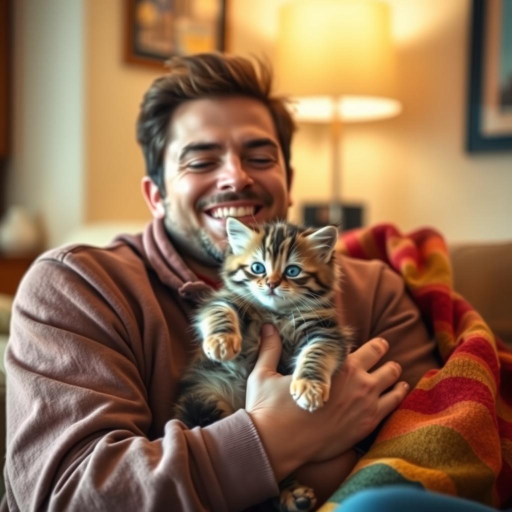 A heartwarming scene where a man is gently embracing a kitten, both looking content and happy