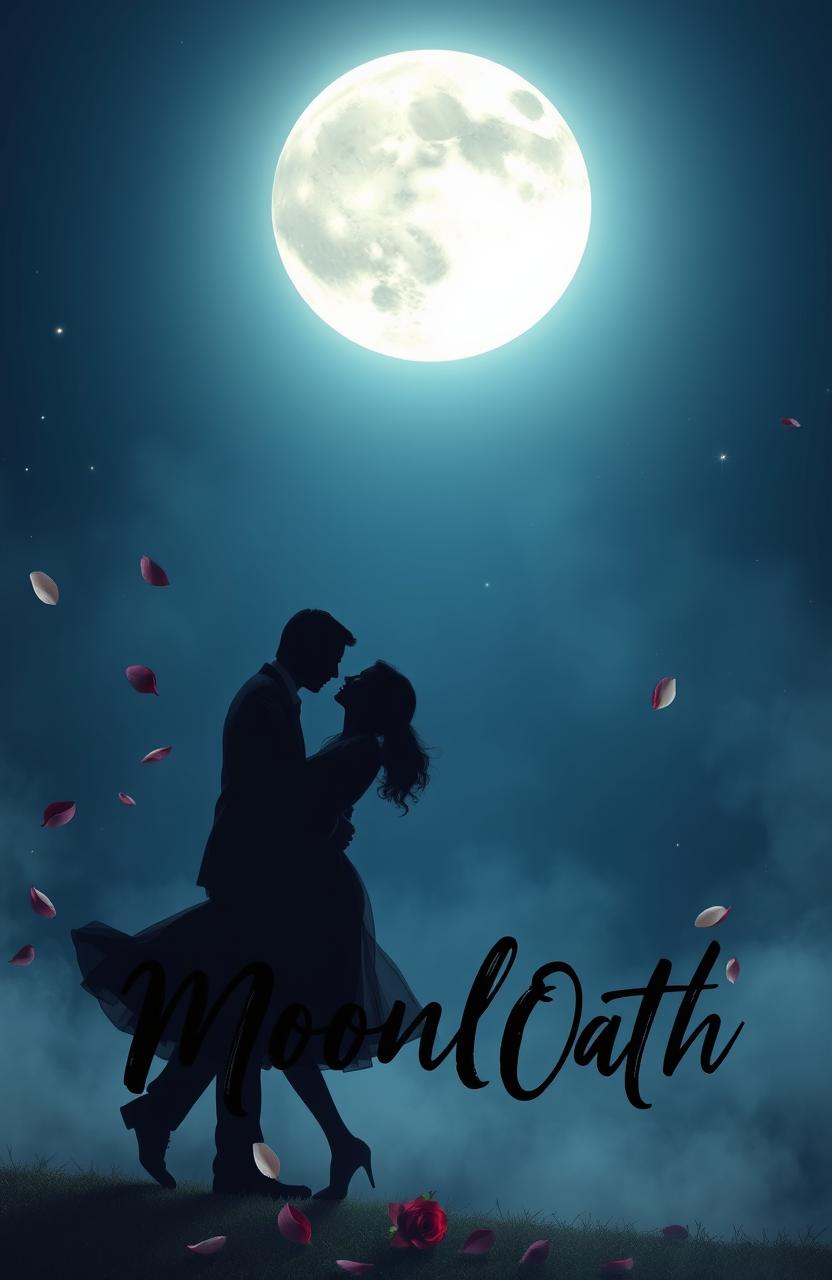 A large, glowing full moon in a beautifully lit night sky, casting a soft, ethereal light over a romantic scene