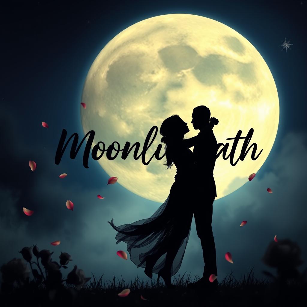 A large, glowing full moon in the night sky, casting a soft, ethereal light over a romantic scene below