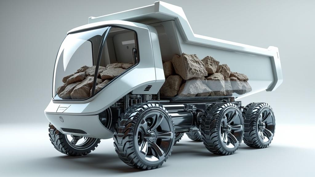 A translucent 3D model of a futuristic electric dump truck featuring a capacity of 15 cubic meters