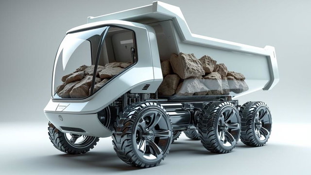 A translucent 3D model of a futuristic electric dump truck featuring a capacity of 15 cubic meters