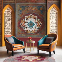 Two chairs, masterfully designed, against the backdrop of modern Islamic decor, accented with vivid colors and intricate geometric patterns.