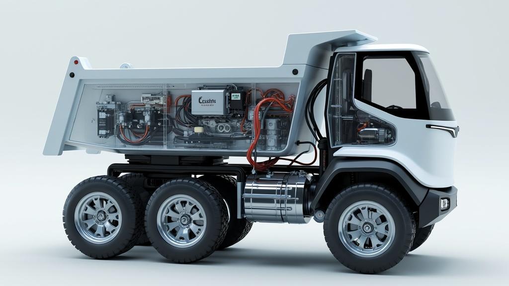 A translucent 3D model of a futuristic electric dump truck with a capacity of 15 cubic meters, showcasing intricate details of all its mechanical and electrical components