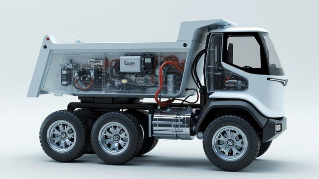 A translucent 3D model of a futuristic electric dump truck with a capacity of 15 cubic meters, showcasing intricate details of all its mechanical and electrical components