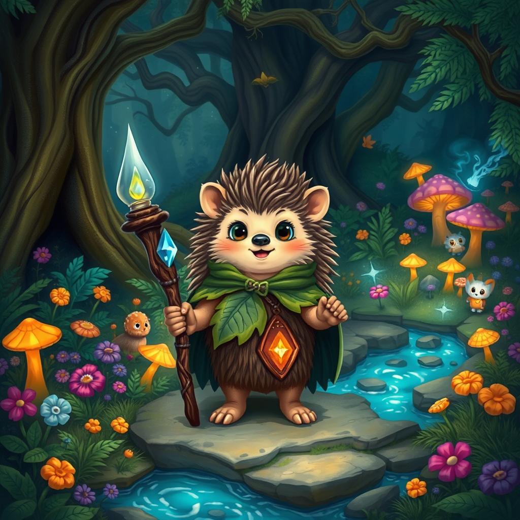 A whimsical Dungeons & Dragons scene featuring a hedgehog druid, standing in a vibrant forest filled with colorful plants and magical creatures
