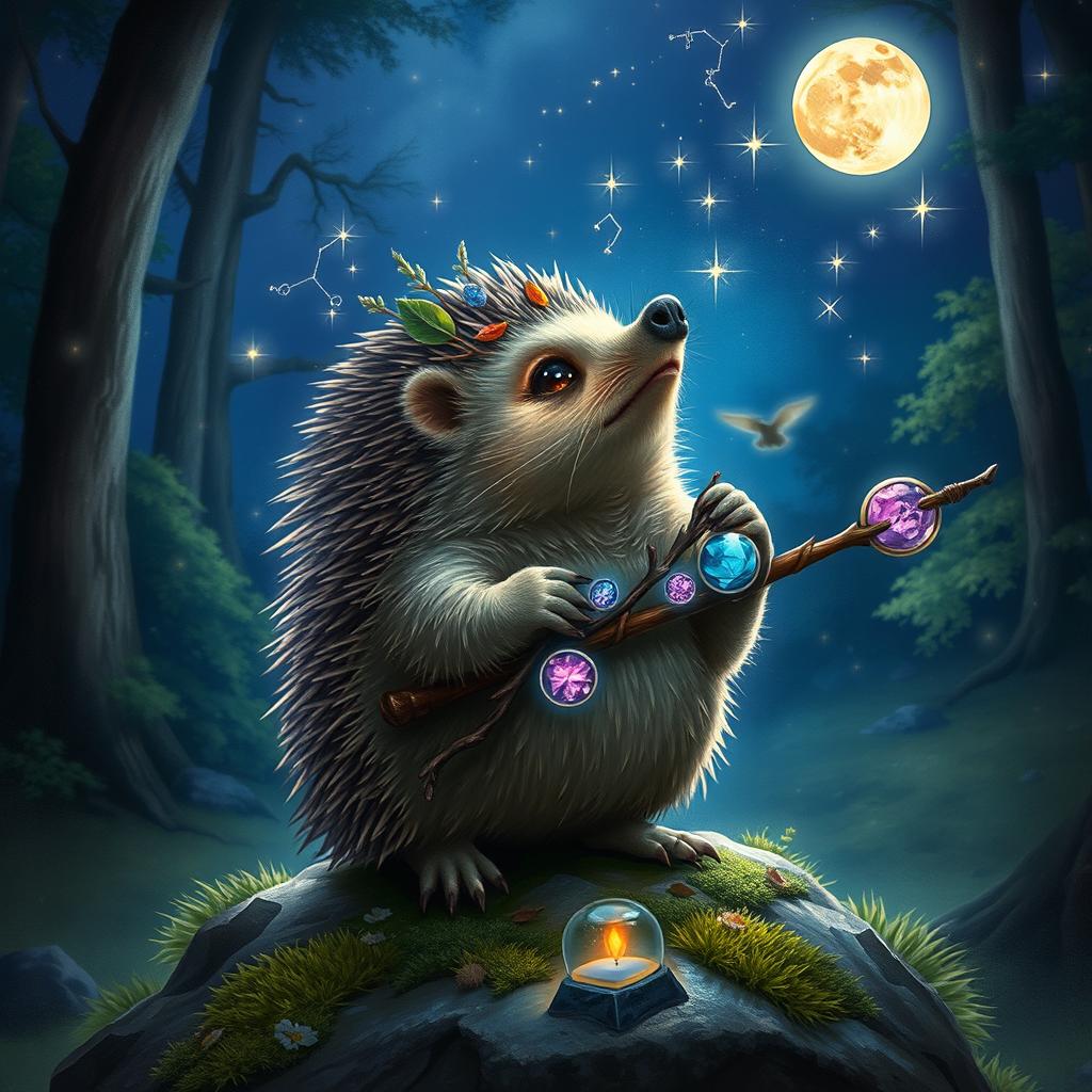 A realistic depiction of a hedgehog druid of the stars, adorned with natural elements like leaves and twigs, carrying a staff embedded with glowing gemstones that represent different constellations