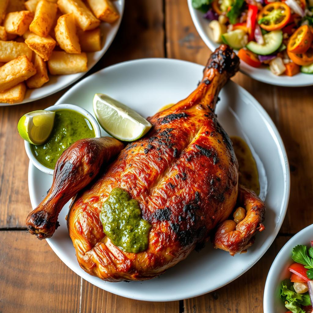 A delicious and visually appealing serving of pollo a la brasa, a traditional Peruvian dish featuring perfectly roasted chicken with crispy, golden skin, served on a plate alongside tangy green sauce (aji verde) and a garnish of fresh lime wedges