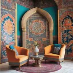 Two chairs, masterfully designed, against the backdrop of modern Islamic decor, accented with vivid colors and intricate geometric patterns.