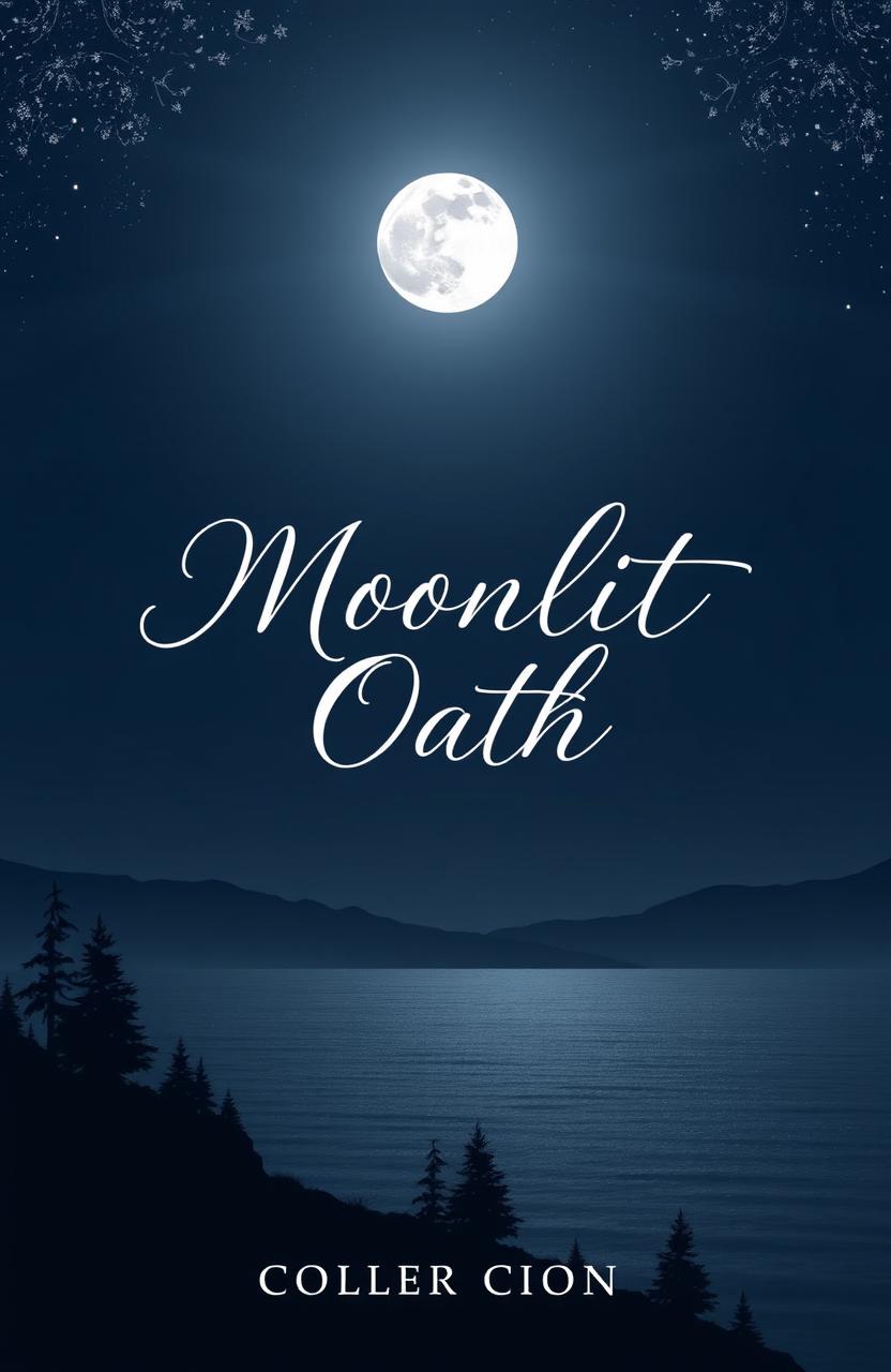 A book cover design for the "Moonlit Oath" collection, featuring a serene and elegant image of a luminous full moon casting gentle beams of light over a tranquil landscape