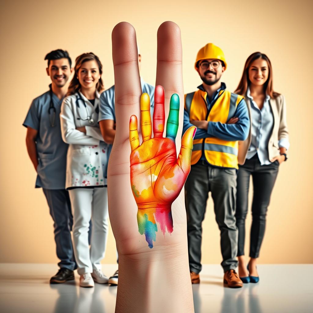 A vibrant and artistic composition featuring five professionals from different fields, each representing a finger on a large hand shape