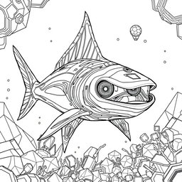 An A4-sized coloring page featuring a futuristic design of an advanced Xiphias (swordfish) in a high-tech style