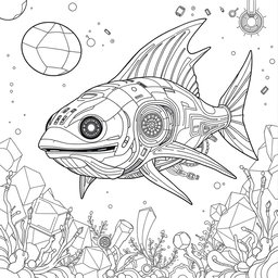 An A4-sized coloring page featuring a futuristic design of an advanced Xiphias (swordfish) in a high-tech style