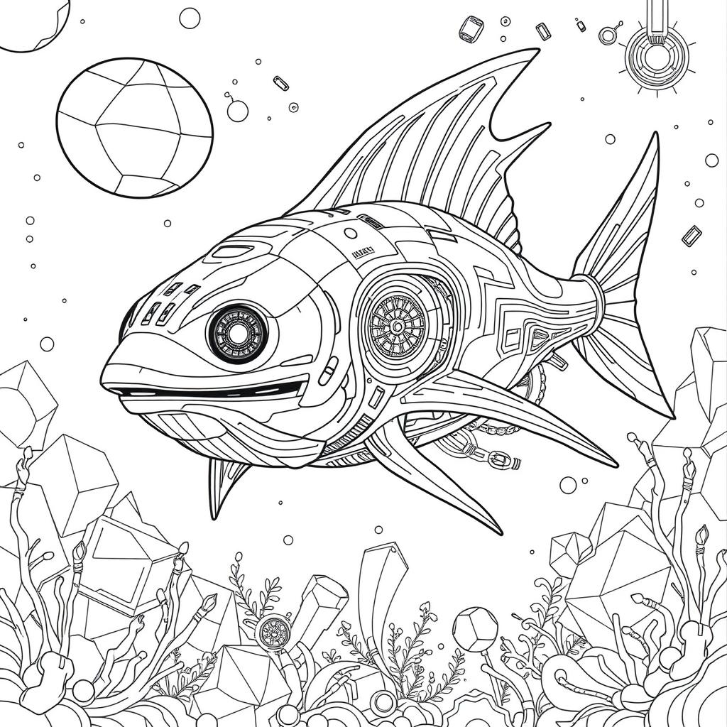 An A4-sized coloring page featuring a futuristic design of an advanced Xiphias (swordfish) in a high-tech style