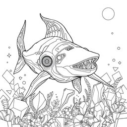 An A4-sized coloring page featuring a futuristic design of an advanced Xiphias (swordfish) in a high-tech style