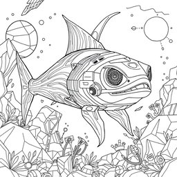 An A4-sized coloring page featuring a futuristic design of an advanced Xiphias (swordfish) in a high-tech style