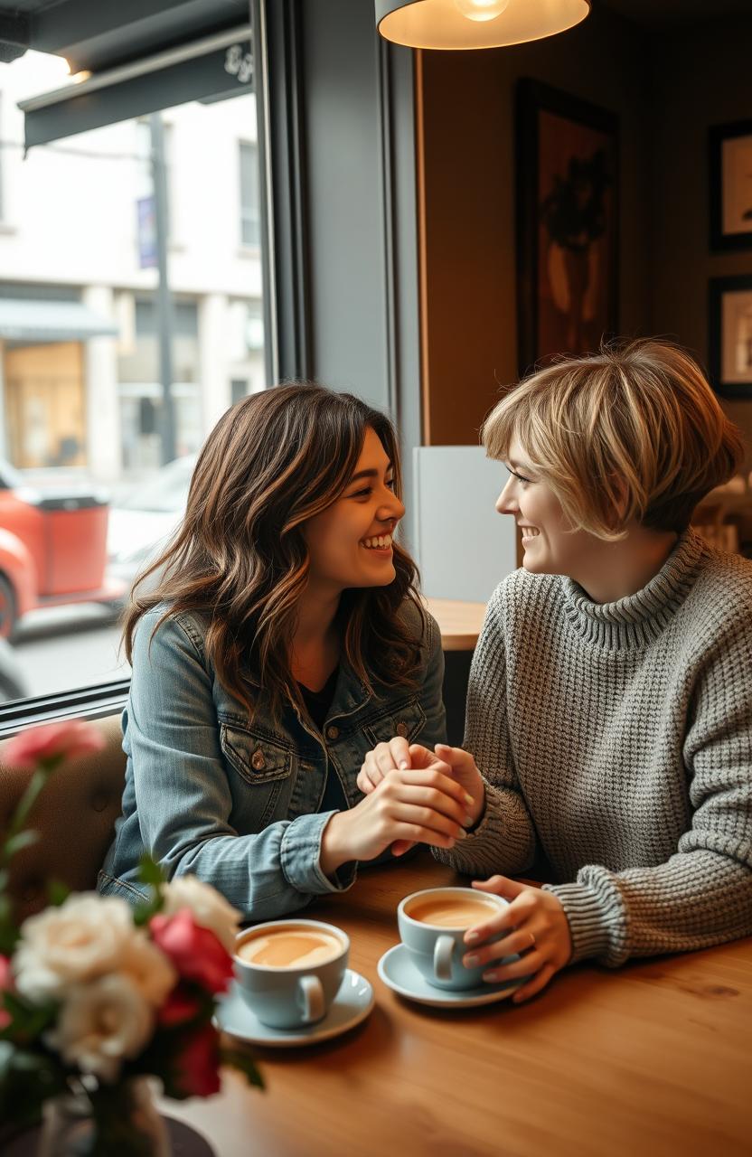 A tender and romantic scene of two women in a cozy cafe, sharing a moment over coffee