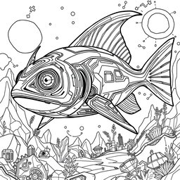 A striking black and white coloring page featuring an advanced, futuristic Xiphias (swordfish)