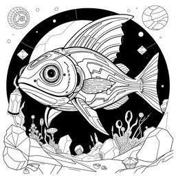 A striking black and white coloring page featuring an advanced, futuristic Xiphias (swordfish)