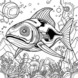 A striking black and white coloring page featuring an advanced, futuristic Xiphias (swordfish)