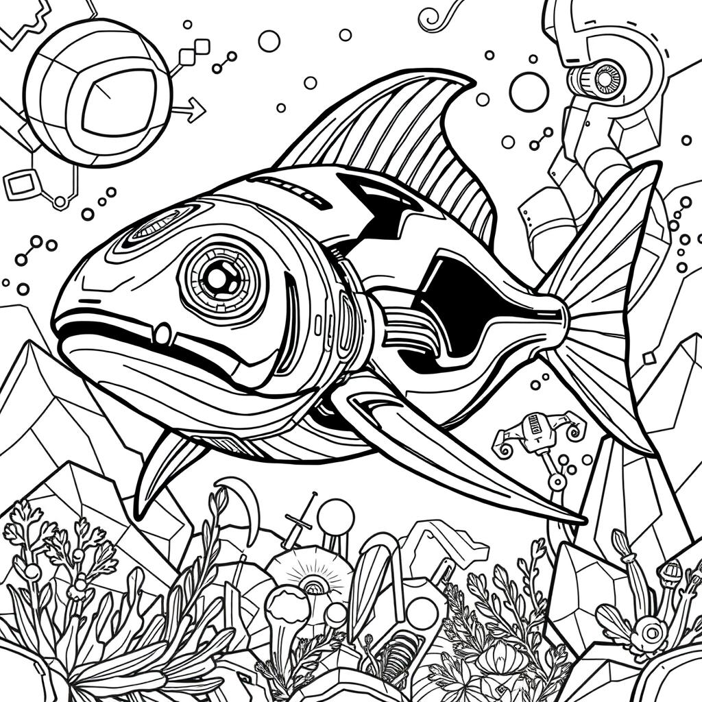 A striking black and white coloring page featuring an advanced, futuristic Xiphias (swordfish)
