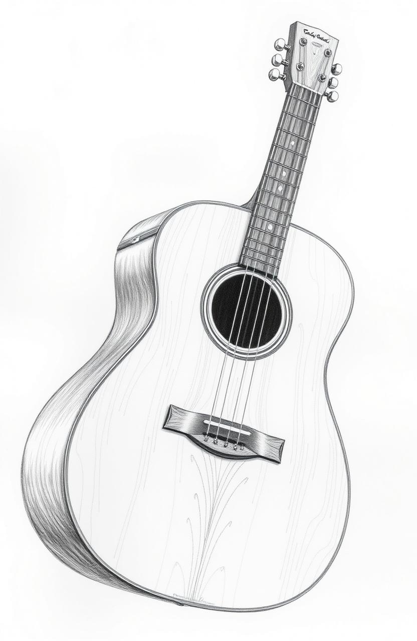 A detailed pencil sketch of an acoustic guitar, showcasing its body with intricate wood grain patterns, flowing curves, and a well-defined headstock with tuning pegs