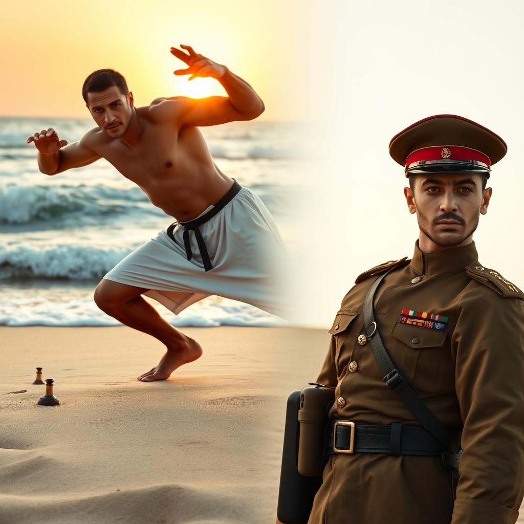 Qafsa, an Arabic man, is depicted in a dynamic scene where he practices martial arts on a sandy beach, showcasing his agility and strength as the waves crash gently in the background