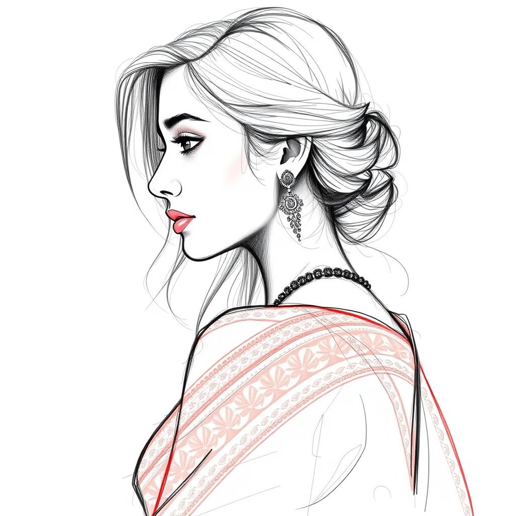 A detailed sketch of a woman's side face, showing her graceful features, with her hair elegantly styled and cascading down her shoulder