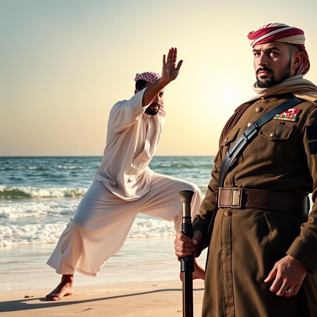 Qafsa, an Arabic man, is vividly depicted in a sequence of dynamic activities: first, he practices martial arts on a picturesque beach, showcasing his agility and strength against the backdrop of gentle waves and a bright morning sky