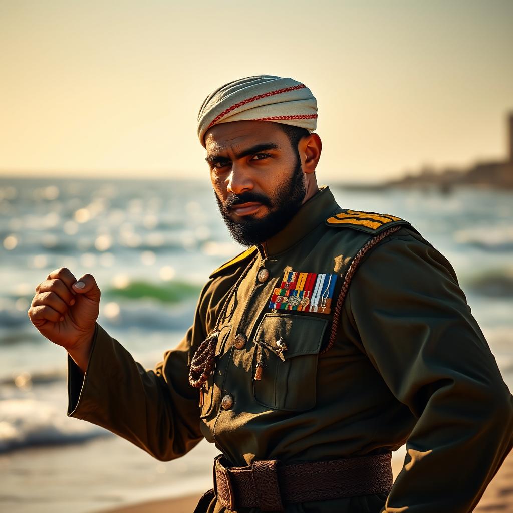 Qafsa, an Arabic man, is vividly illustrated as he engages in martial arts on a scenic beach, showcasing his skill and athleticism with the shimmering ocean waves in the background