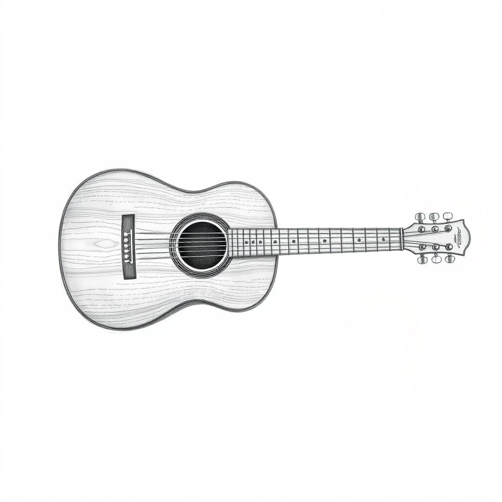 A detailed horizontal pencil sketch of an acoustic guitar, showcasing its body with intricate wood grain patterns, flowing curves, and a well-defined headstock with tuning pegs