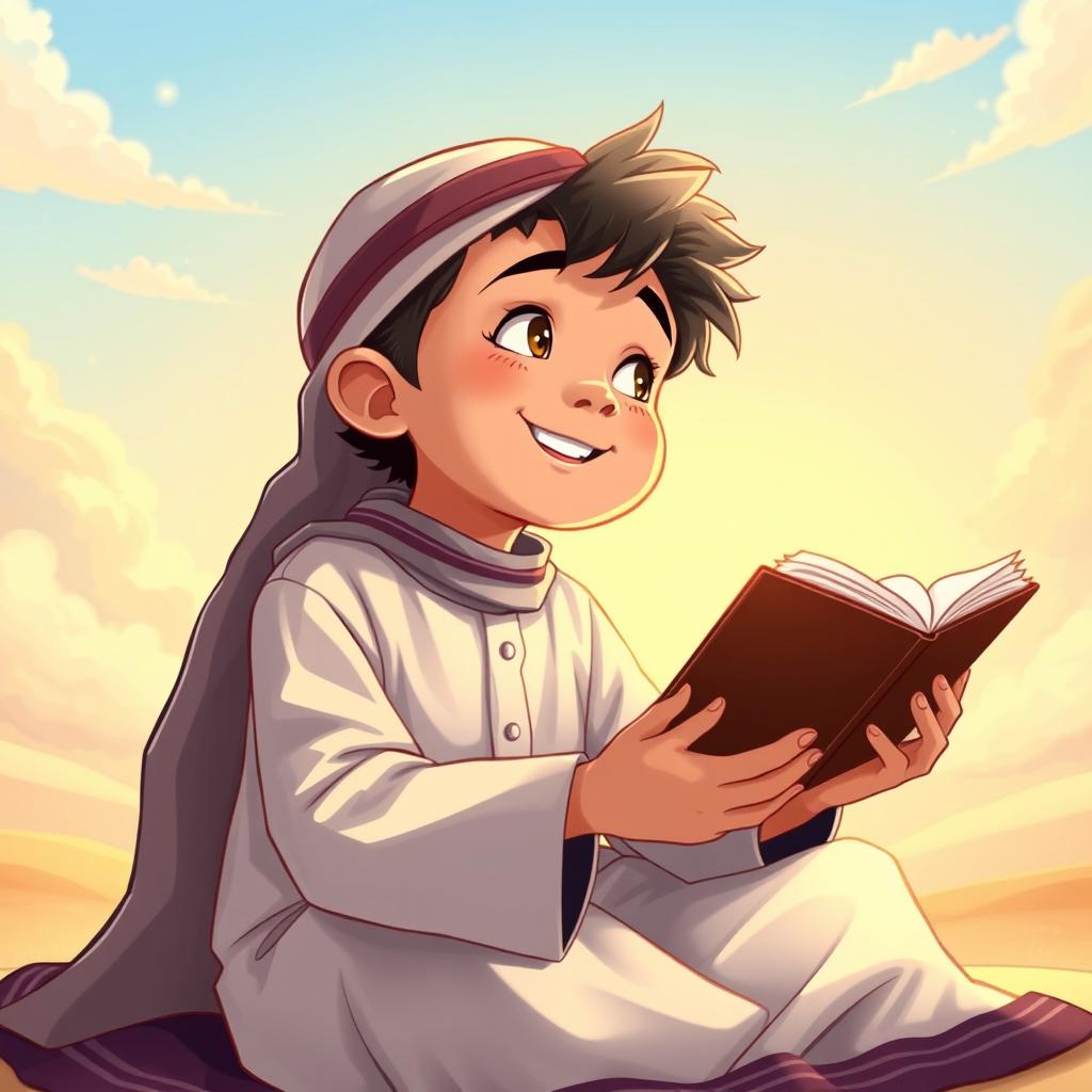 Qafsa, a young Arab boy, is beautifully illustrated in a serene and uplifting scene where he is reciting the Koran, seated in a peaceful setting