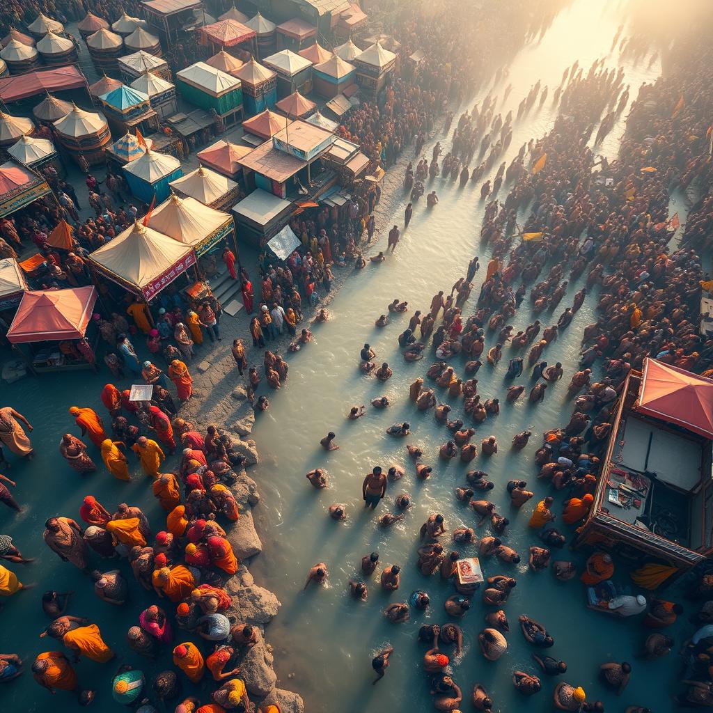 A vibrant top view of Kumbh Mela, showcasing a massive gathering of people participating in the festival