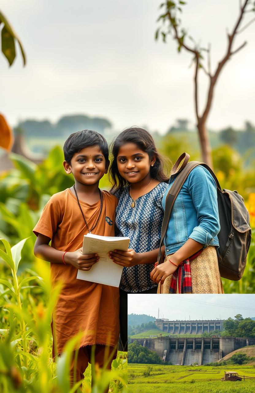 A heartwarming scene of two friends, Basu, a tribal orphan with rustic attire and a determined expression, and Prerna, a brilliant student in modern, casual wear, sharing a joyful moment together with a school project in hand surrounded by nature