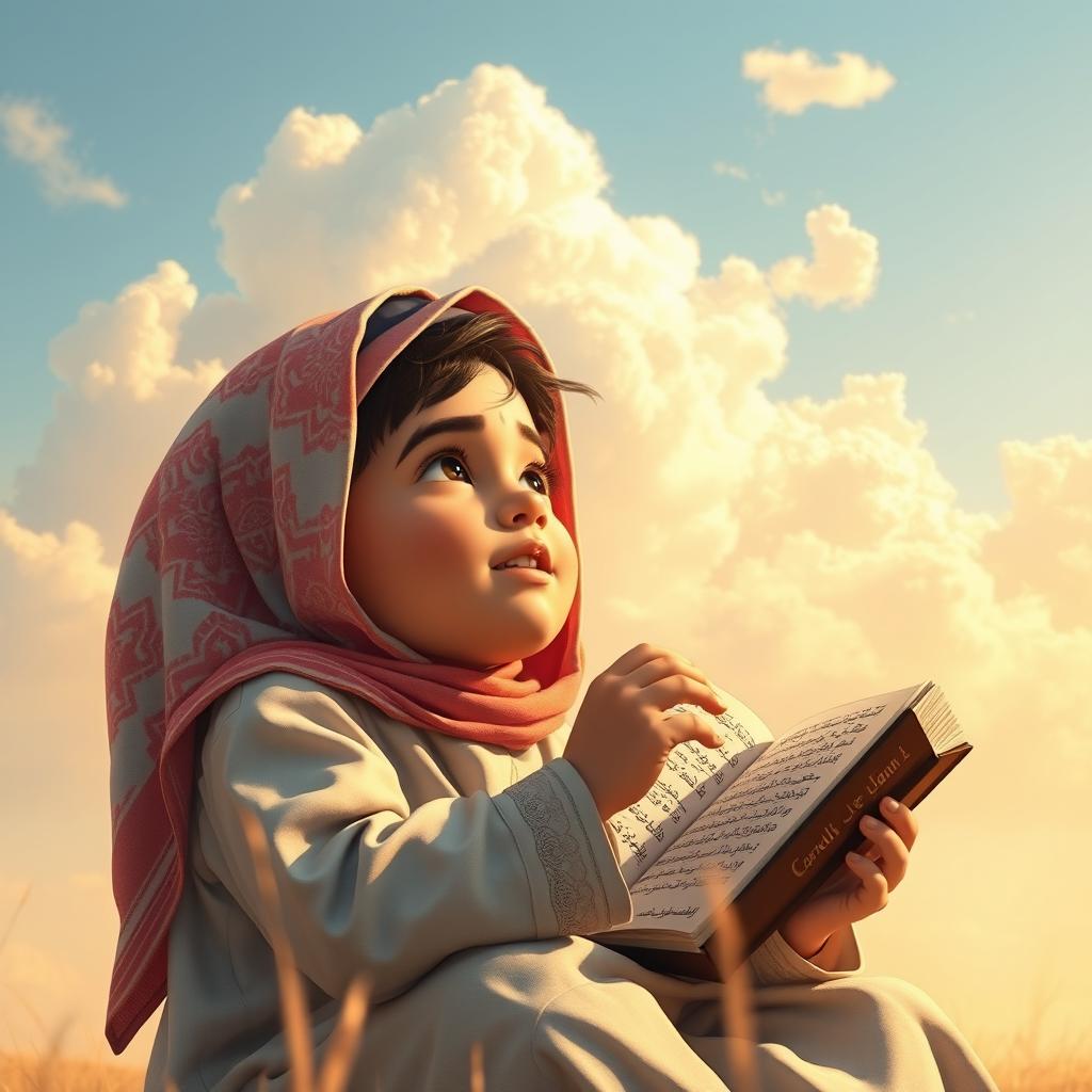 Qafsa, a young Arab boy, is depicted in a heartfelt scene as he recites the Koran, immersed in his spiritual practice