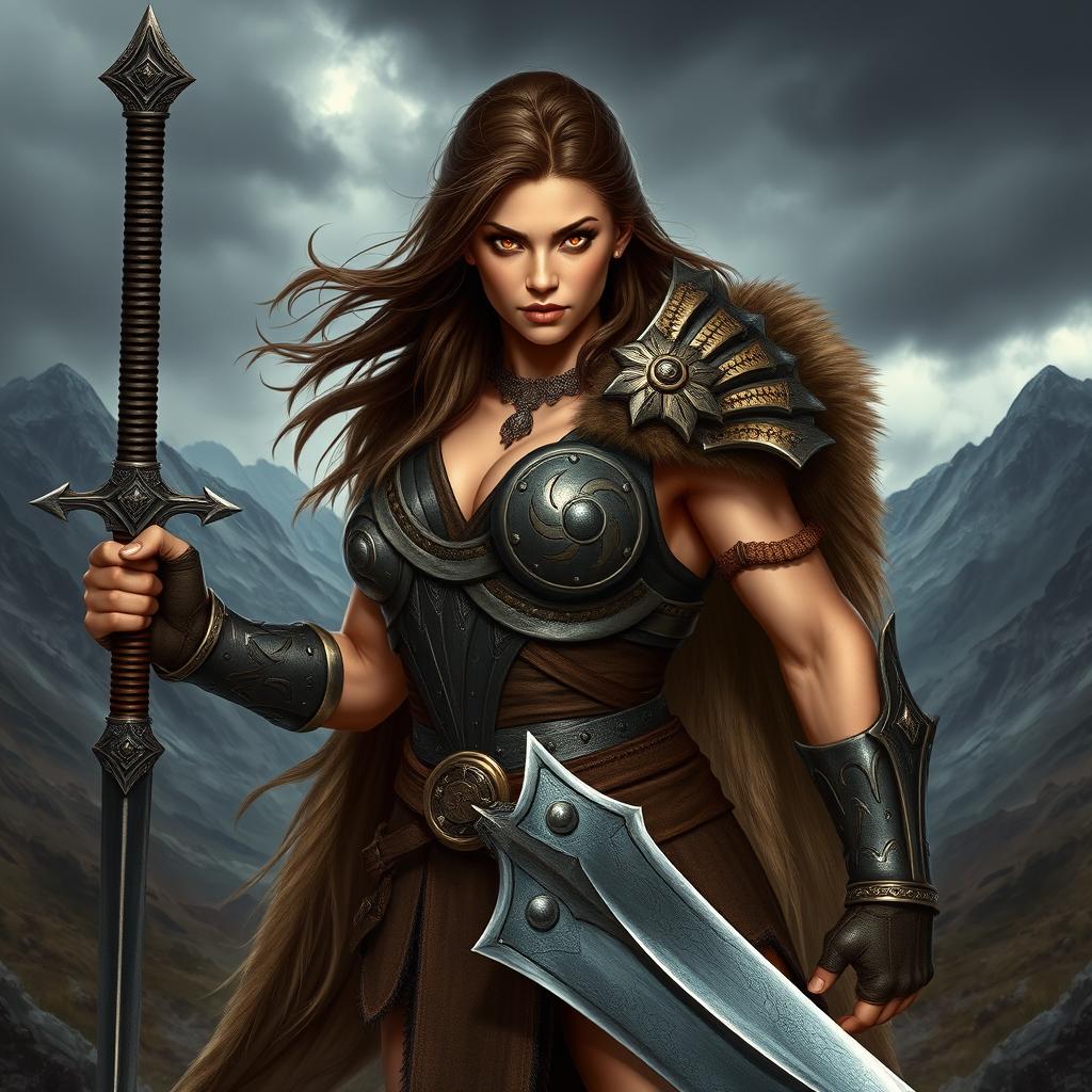 A powerful and fierce brunette female barbarian warrior, standing confidently in full battle armor
