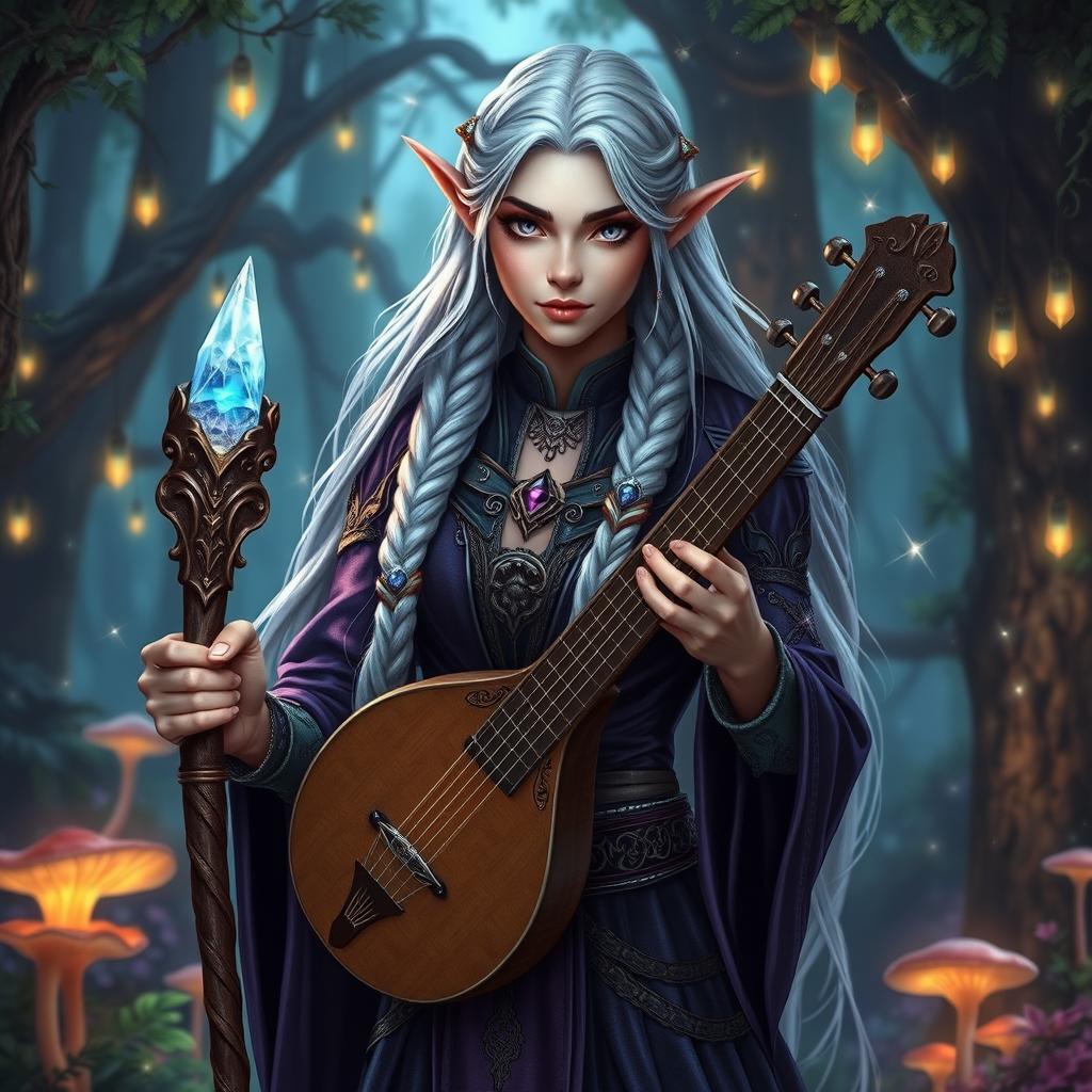 A stunning female high elf warlock bard, standing confidently in an enchanted forest