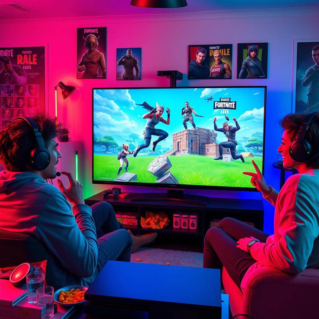 A vibrant and dynamic scene depicting a group of friends playing Fortnite together in a living room
