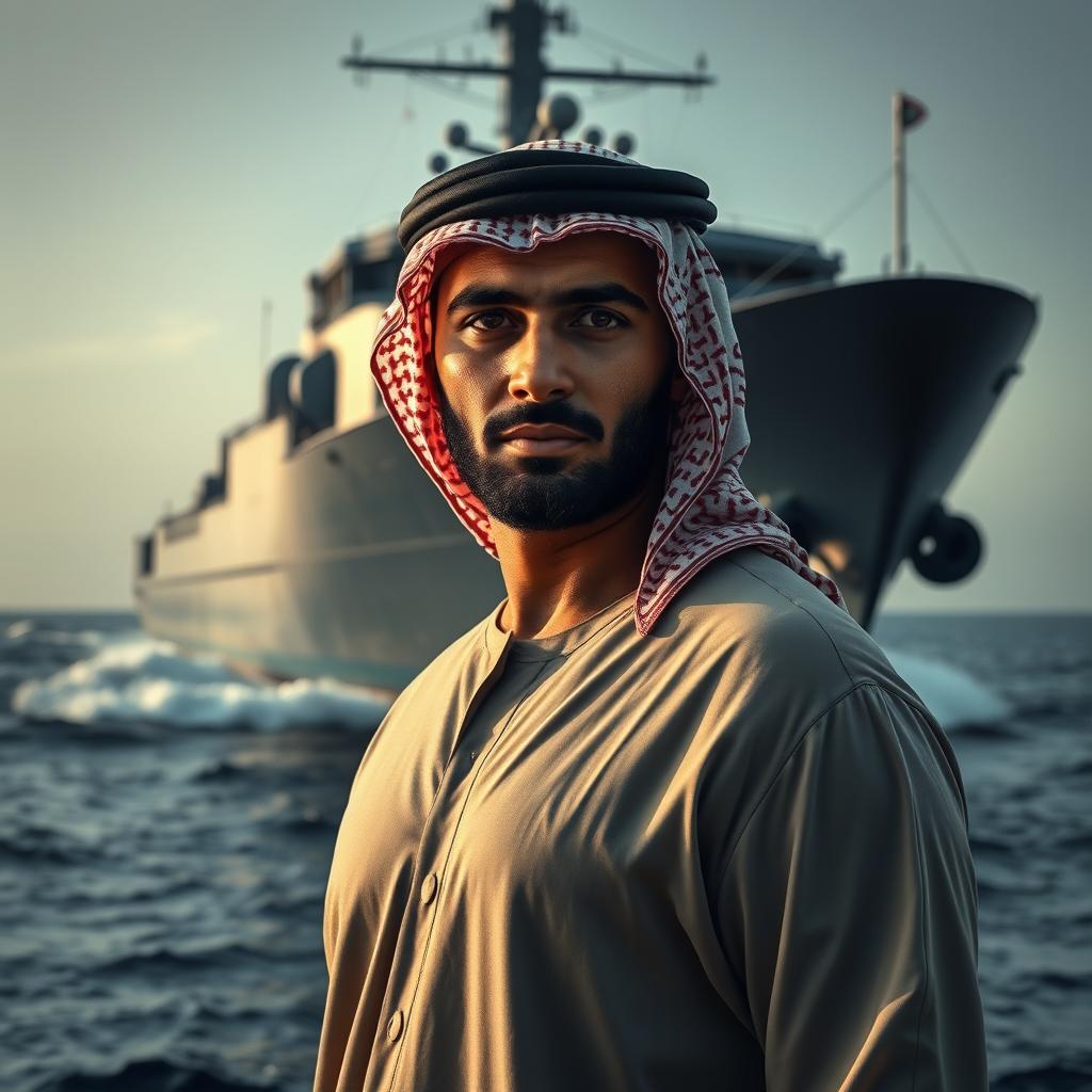 Qafsa, an Arabic man, stands resolutely in front of a majestic warship, embodying strength and pride