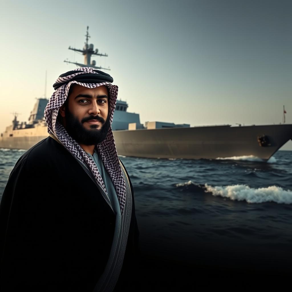 Qafsa, an Arabic man, stands confidently in front of a grand warship, showcasing a sense of pride and heritage