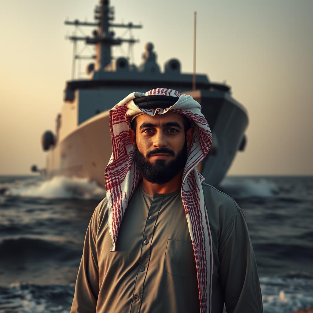 Qafsa, an Arabic man, stands proudly in front of a formidable warship, exuding a deep sense of pride and heritage