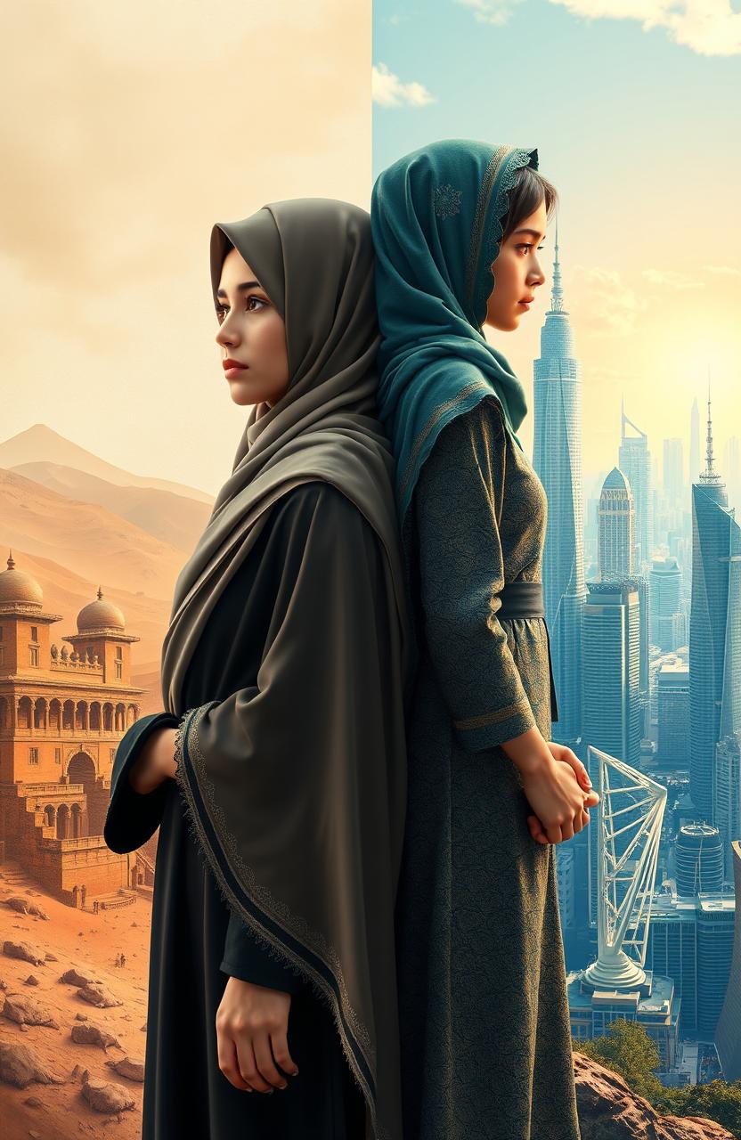 A girl wearing a hijab and another girl without a hijab standing back-to-back, symbolizing the contrast between the past and the future