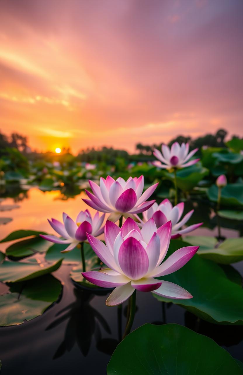 A serene pond with vibrant lotus flowers blooming, their pink and white petals elegantly opened, floating on the tranquil water surface