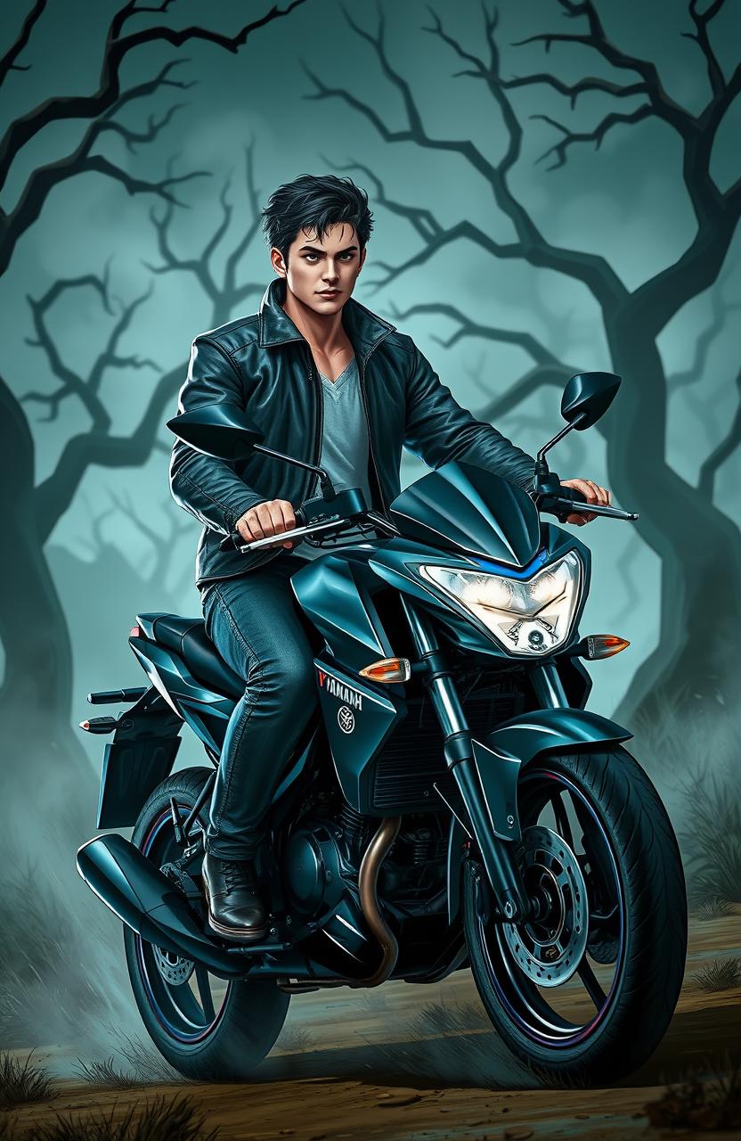 A handsome male character riding a Yamaha Vixion motorcycle through a slightly spooky landscape