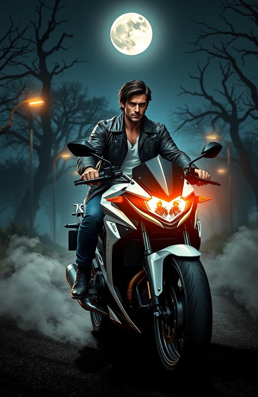 A handsome male character riding a white Vixion motorcycle, the scenery around him is slightly horror-themed yet thrilling, with eerie shadows and dim streetlights creating a suspenseful atmosphere