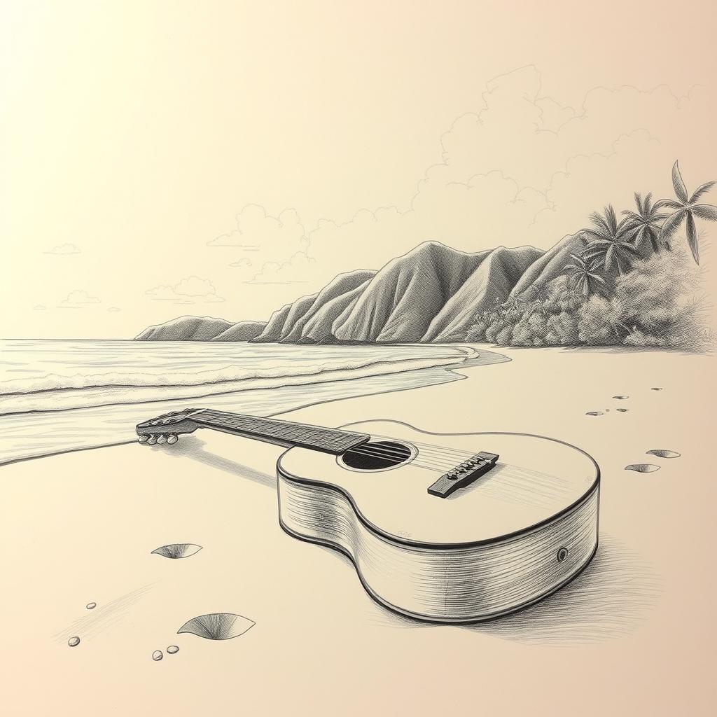 A detailed pencil sketch of Nihiwatu Beach, capturing the serene beauty of the coastline, with gentle waves lapping at the shore
