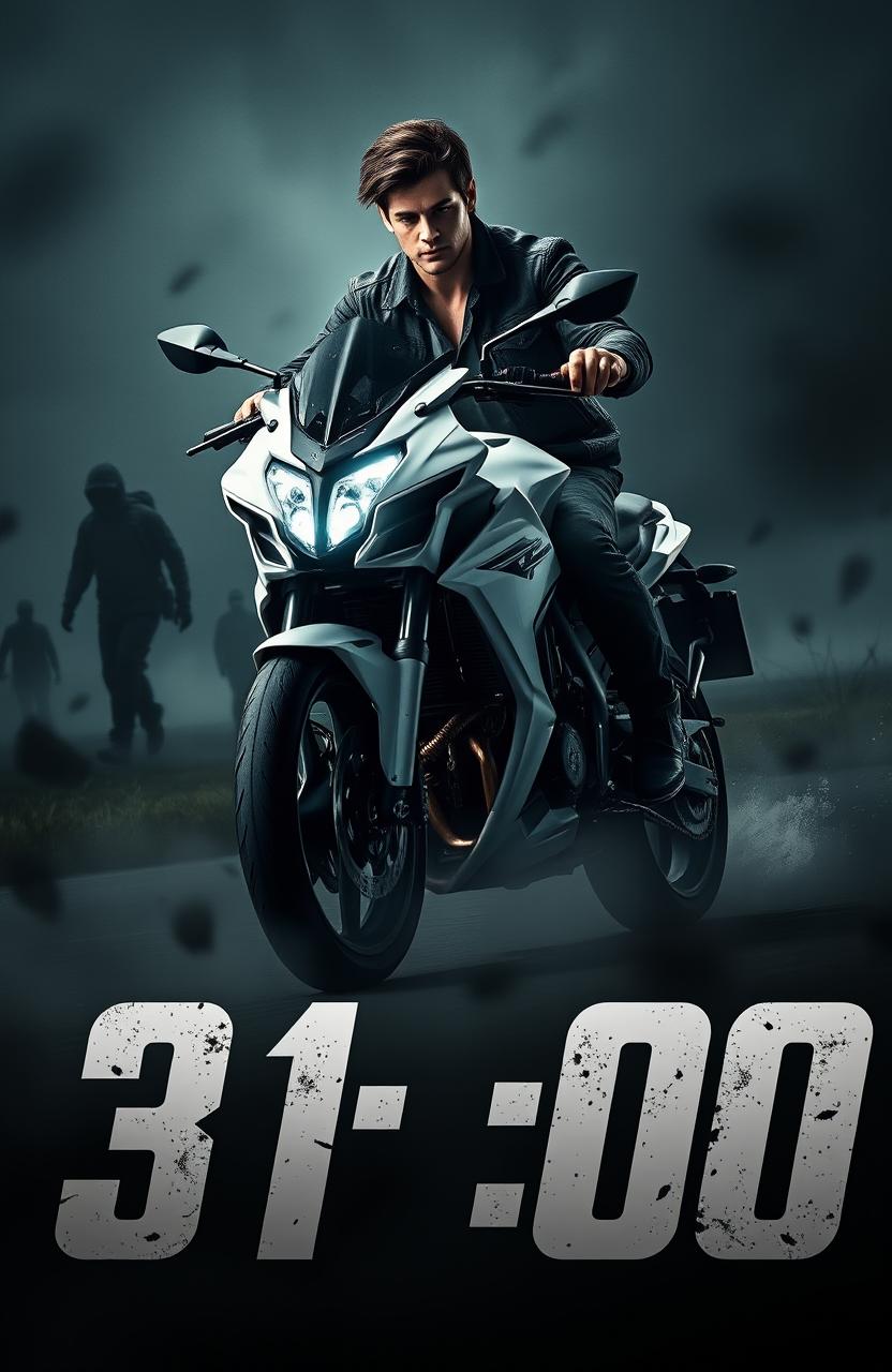 A handsome male character riding a white Vixion motorcycle