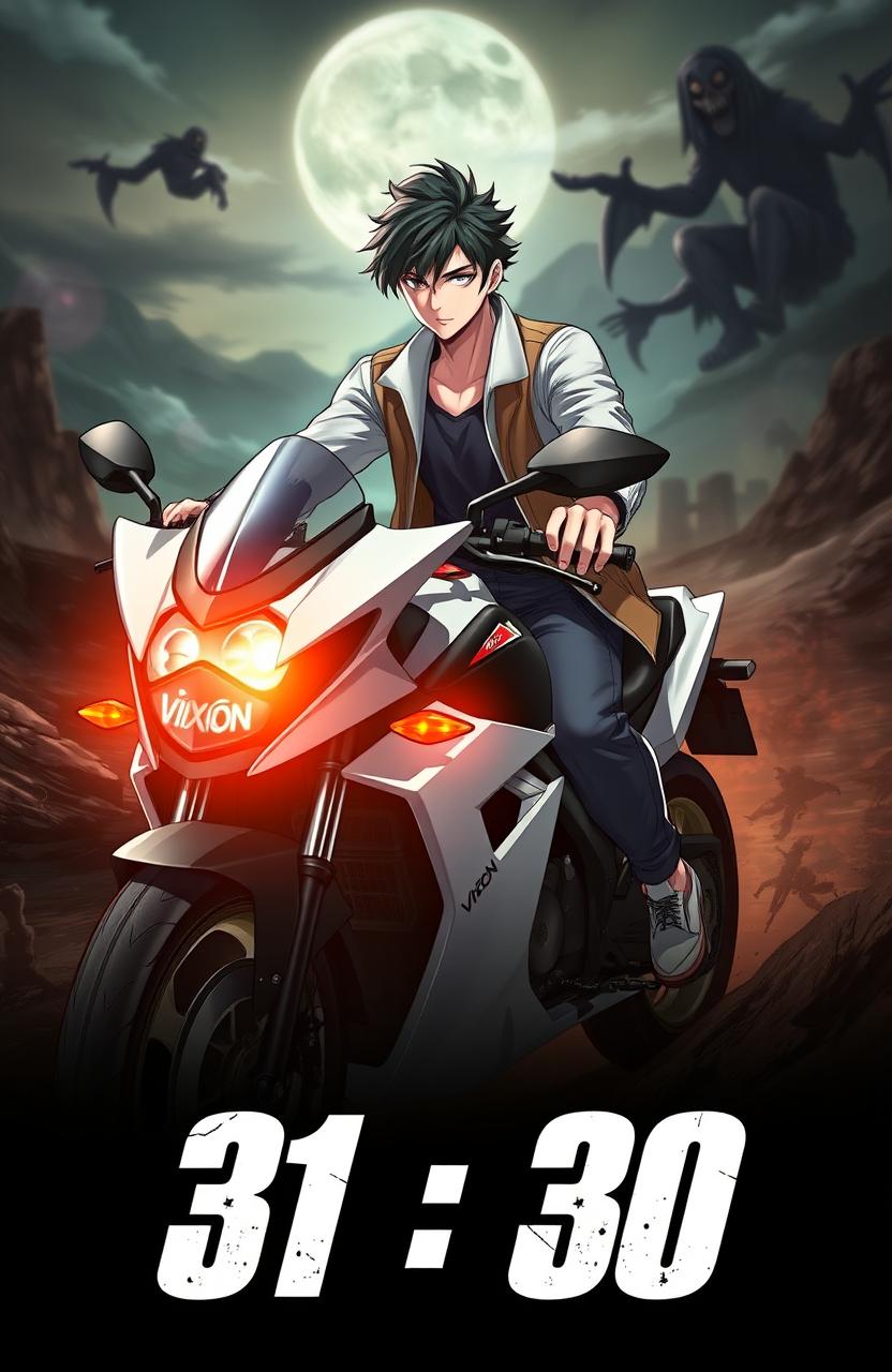 A handsome male character riding a white Vixion motorcycle, immersed in a slightly horror-themed yet exciting environment